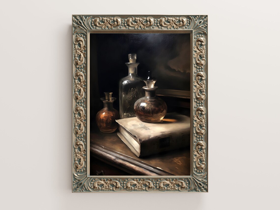 Old Bottles Moody Antique Perfume Bottle Art Print - Image 4