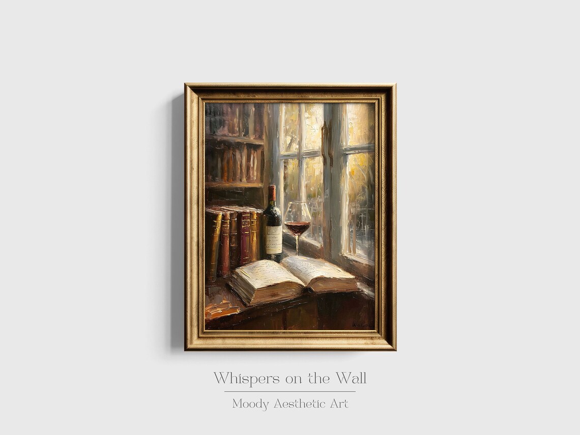 Open Book and Wine Bottle by Sunlit Library Window Oil Painting Poster - Image 2