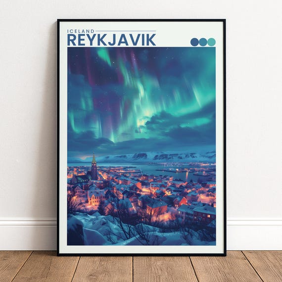 Reykjavik Iceland Travel Poster Northern Lights Aurora Borealis Wall Art