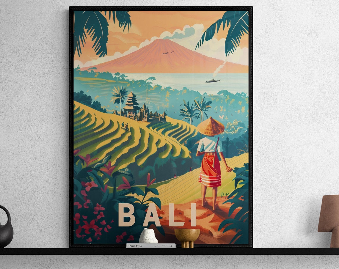 Bali Rice Terraces Volcano Local Farmer Retro Indonesia Travel Poster
