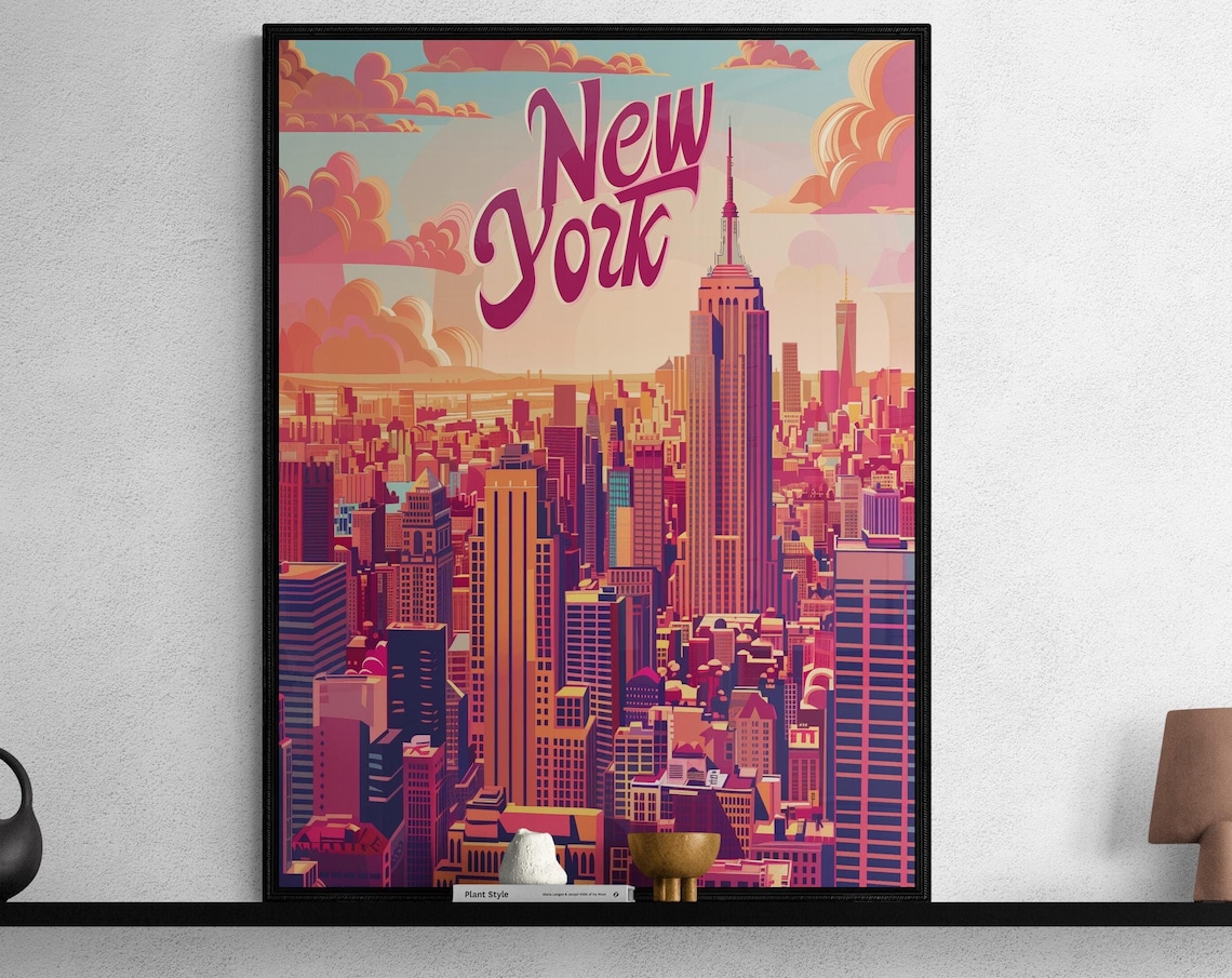 New York Manhattan Empire State Skyline Sunset Travel Poster
