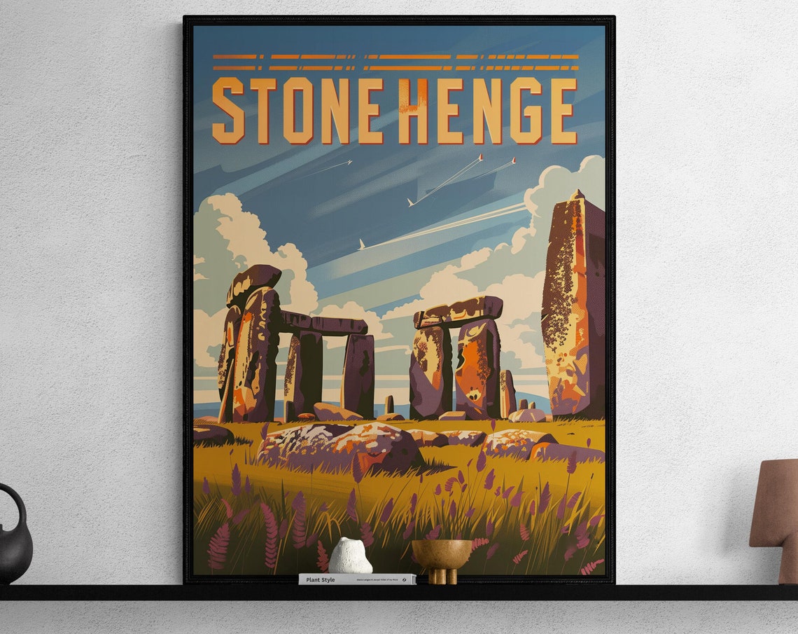 Stonehenge Ancient Stone Circle Meadow Sky Vintage Travel Poster