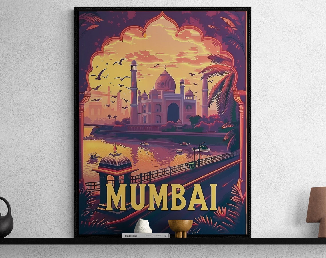 Mumbai Mughal Monument Sunset Arch Riverside Vintage Travel Poster