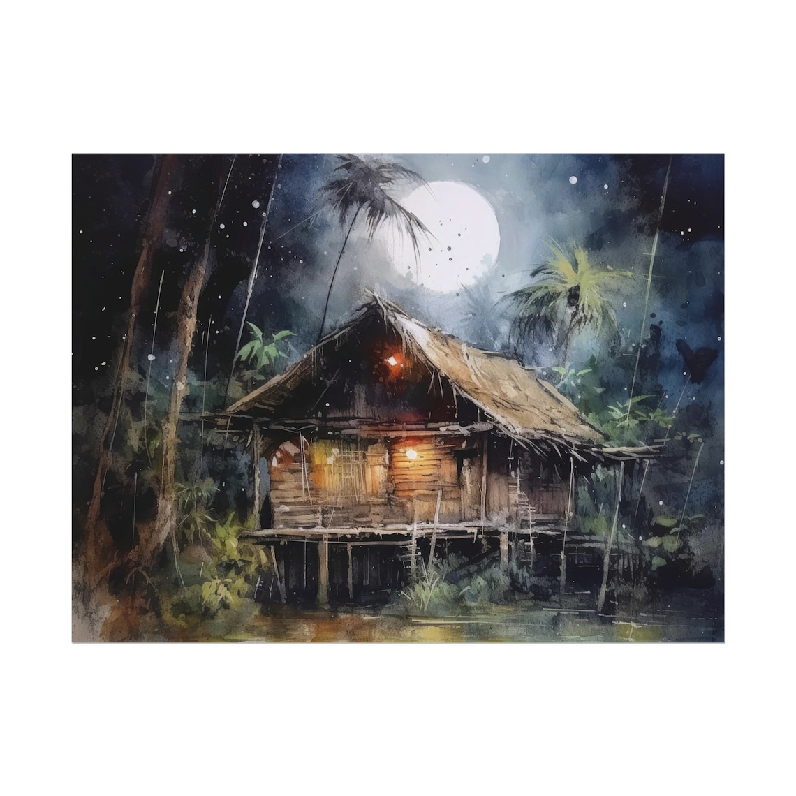Bahay Kubo Full Moon Watercolor Art Print