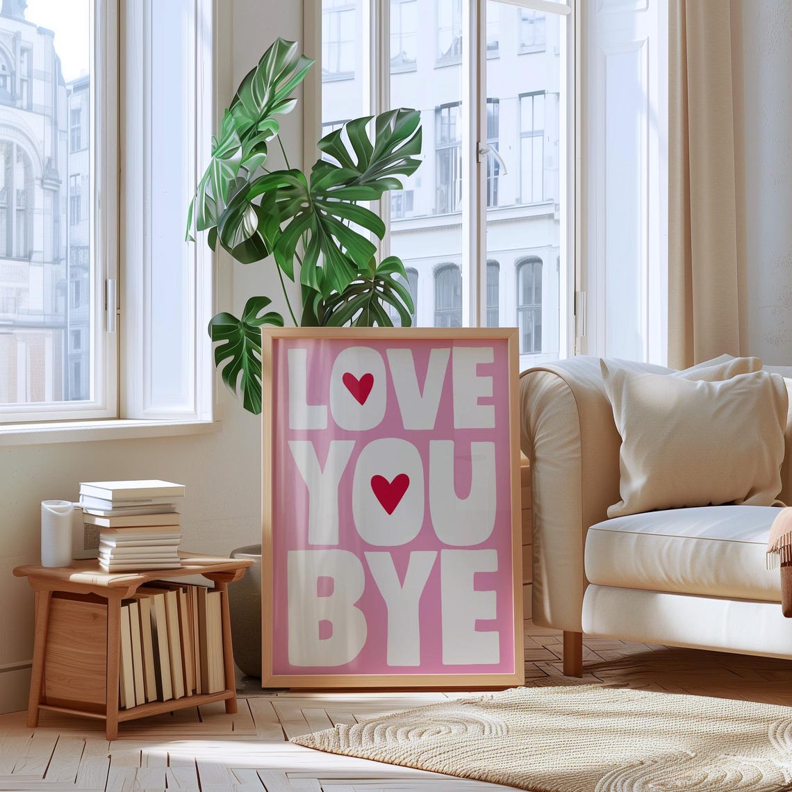 Love You Bye Pink Retro Hearts Typography Entryway Quote Poster