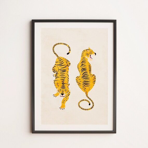 Golden Tiger Duo Mid Century Modern Jungle Animal Art Poster