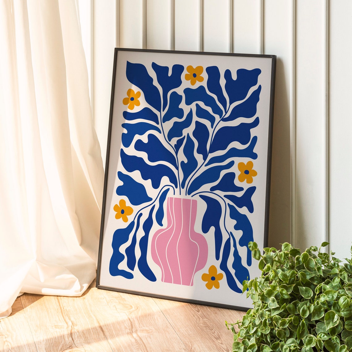 Summer Bloom Blue Leaves Pink Vase Matisse Style Botanical Poster - Image 2