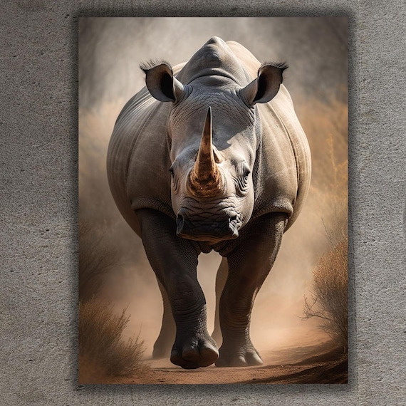 Rhinoceros Walking On Dusty Path Dramatic Close Up Wildlife Safari Art Poster
