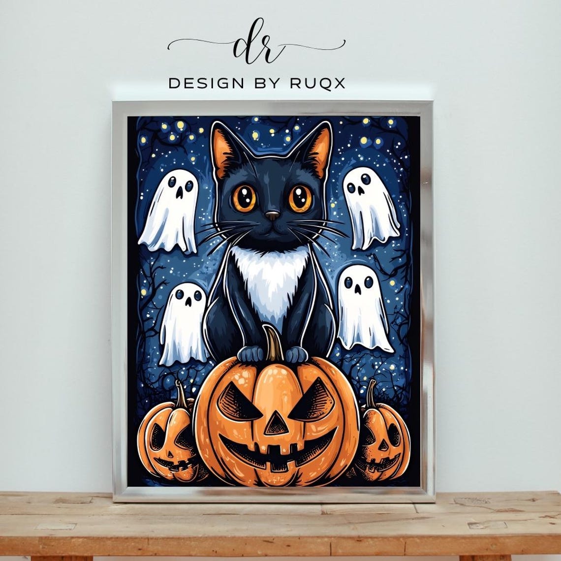 Black Cat Halloween Print Spooky Ghosts Pumpkin Gothic Decor