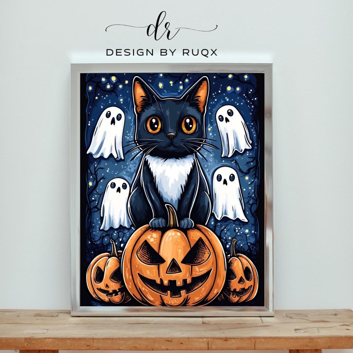 Black Cat With Ghosts And Pumpkins Spooky Cute Halloween Poster