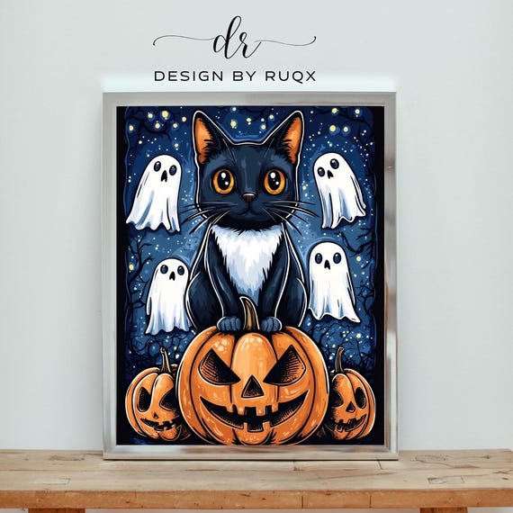 Black Cat Halloween Print Spooky Ghosts Pumpkin Gothic Decor
