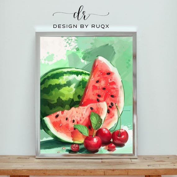 Watermelon Cherry Wall Art Summer Kitchen Print Colorful Fruit Artwork