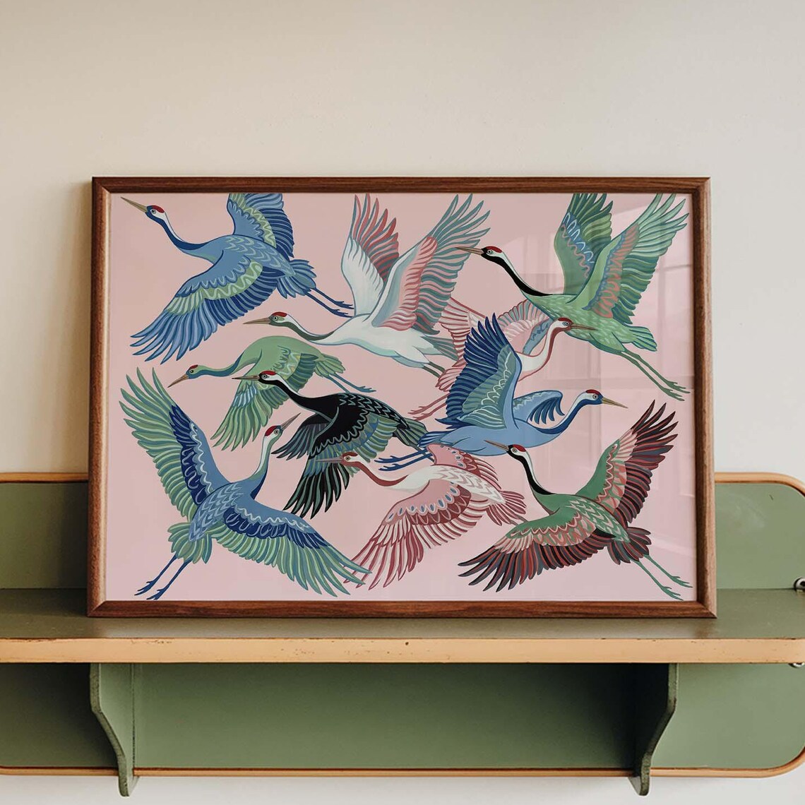 Flying Crane Poster, Pink Maximalist Flock Decor