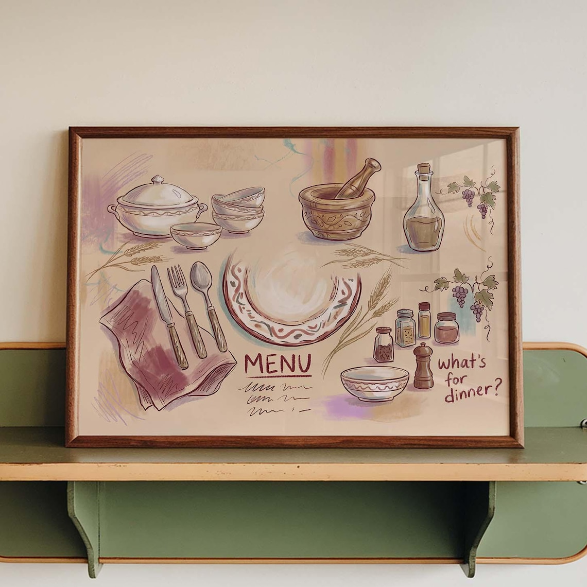Whats For Dinner Hand Drawn Vintage Kitchen Tableware Poster