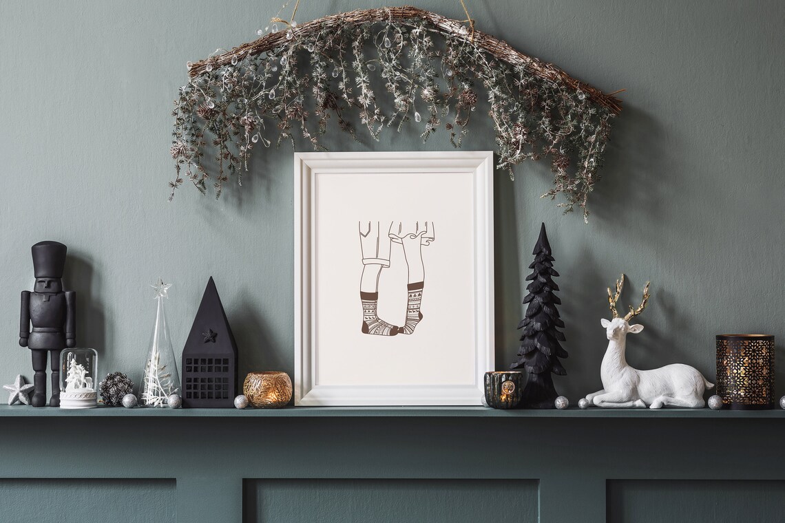 Couple Feet Touching Christmas Socks Minimal Line Art Romantic Poster - Image 3