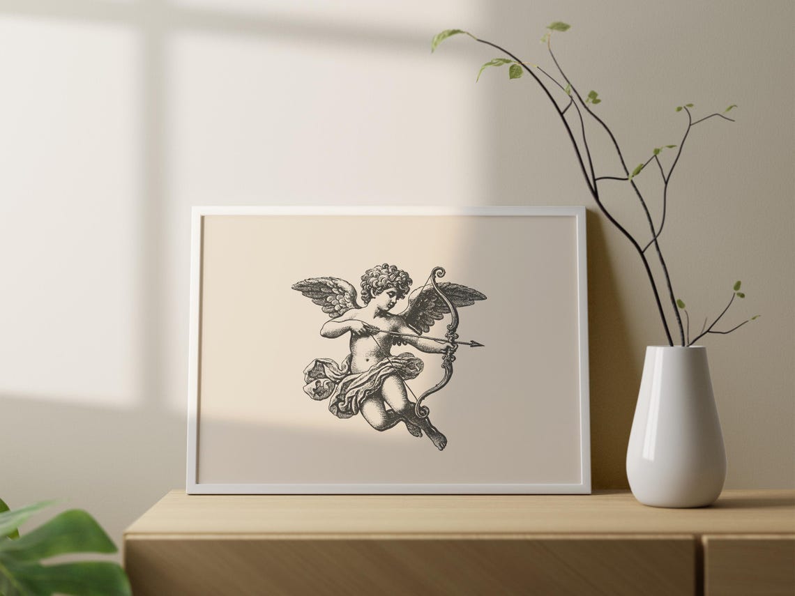 Vintage Cupid With Bow Antique Engraving Romantic Valentine Wall Art - Image 4