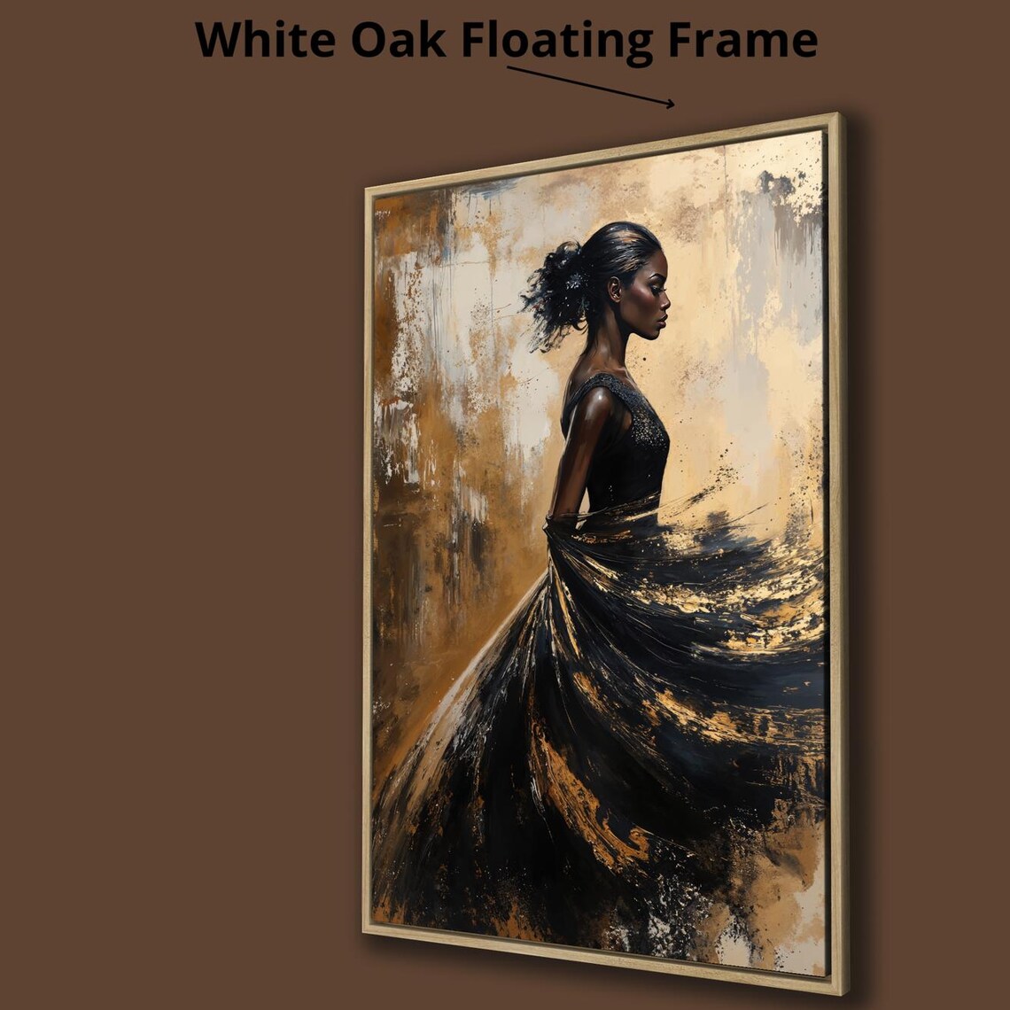 Woman In Flowing Black Gold Dress Profile Elegant Fashion Wall Art Print - Image 3