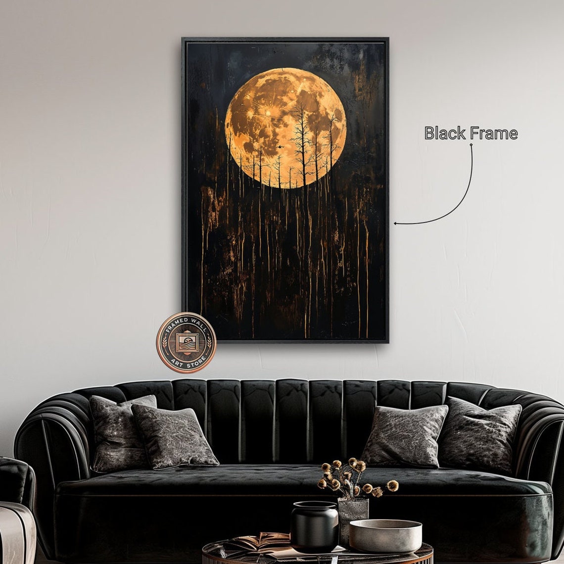 Golden Full Moon Dark Bare Forest Eerie Night Landscape Art Poster - Image 5