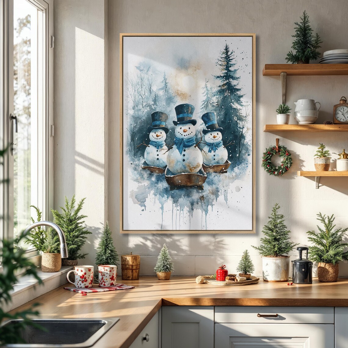 Three Snowmen in Top Hats Sledding Through Snowy Forest Watercolor Poster