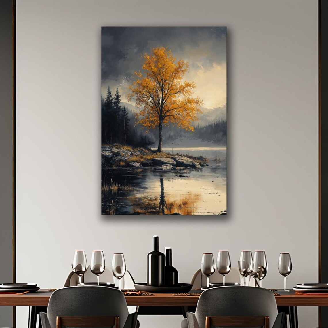 Golden Autumn Tree By Lake Rocky Shore Moody Nature Art Poster - Image 2