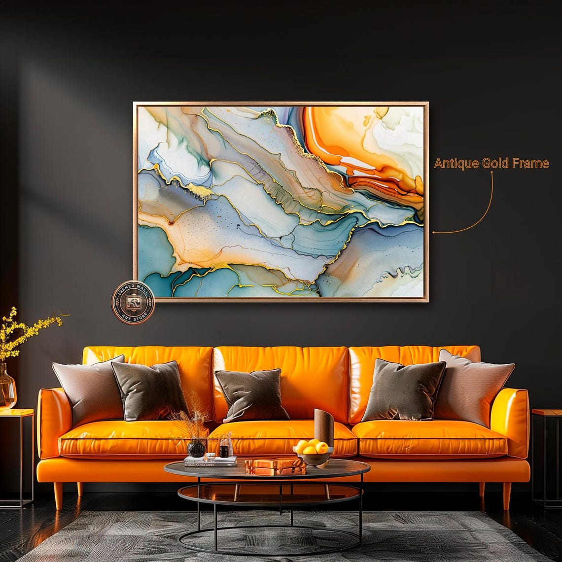 Abstract Teal Orange Gold Marble Fluid Ink Luxury Wall Poster - Image 4