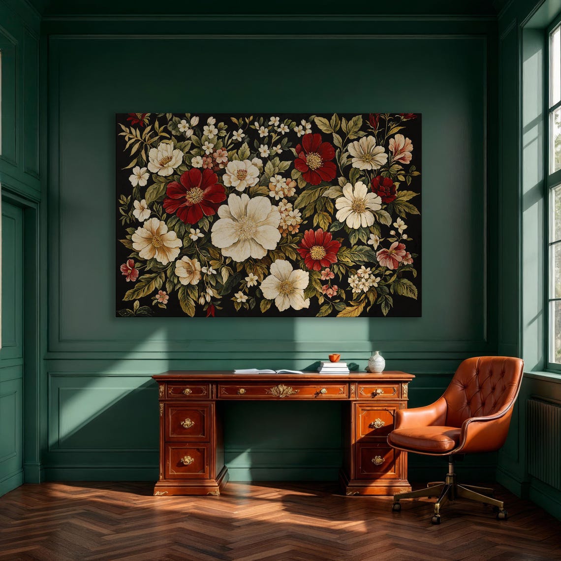 Bold Red and Ivory Floral Bouquet Dark Vintage Botanical Poster