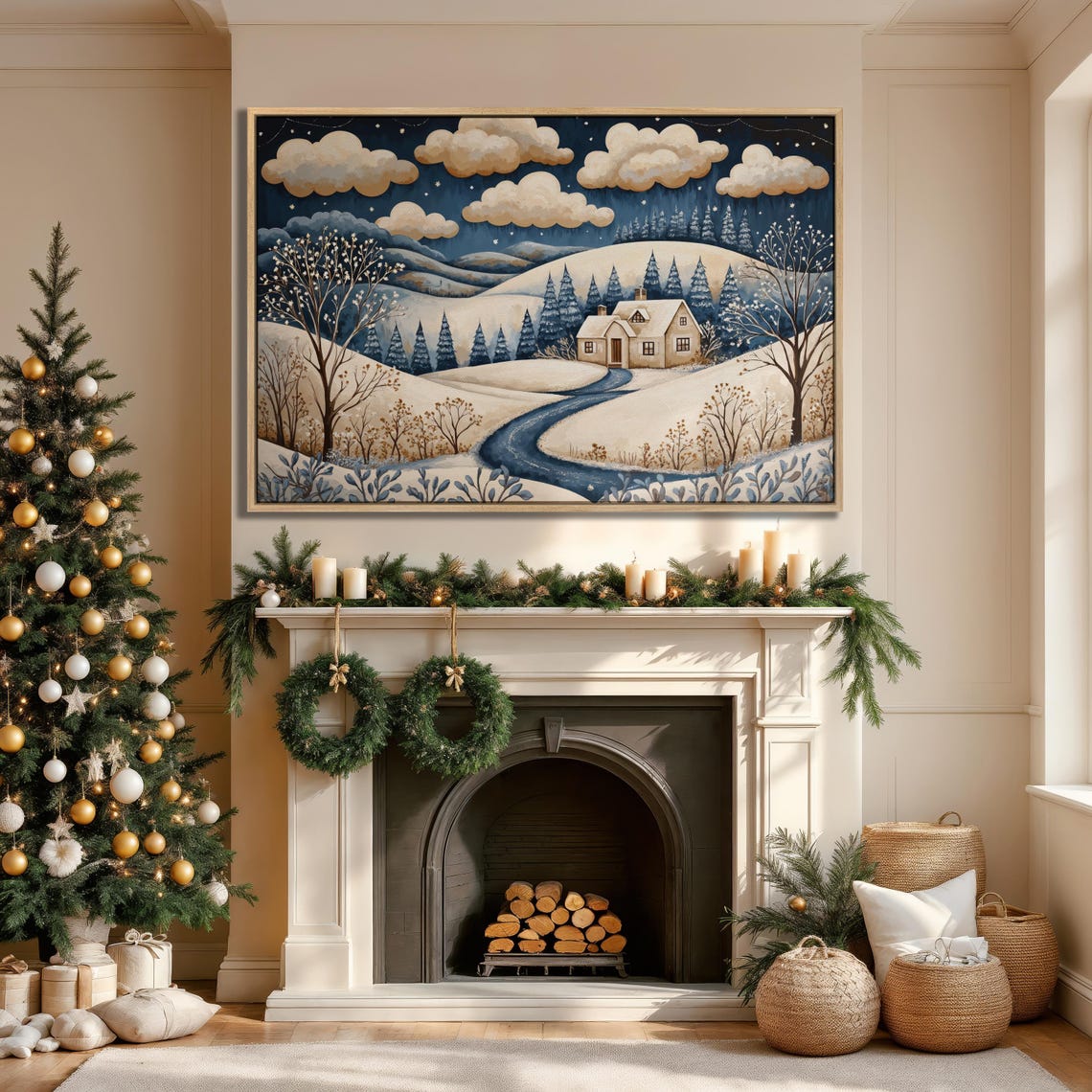 Whimsical Winter Night Snowy Cottage Starry Hills Holiday Art Poster - Image 2