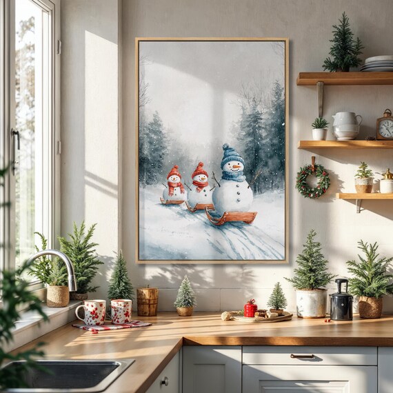 Three Snowmen Sledding Through Snowy Forest Knit Hats Christmas Holiday Poster