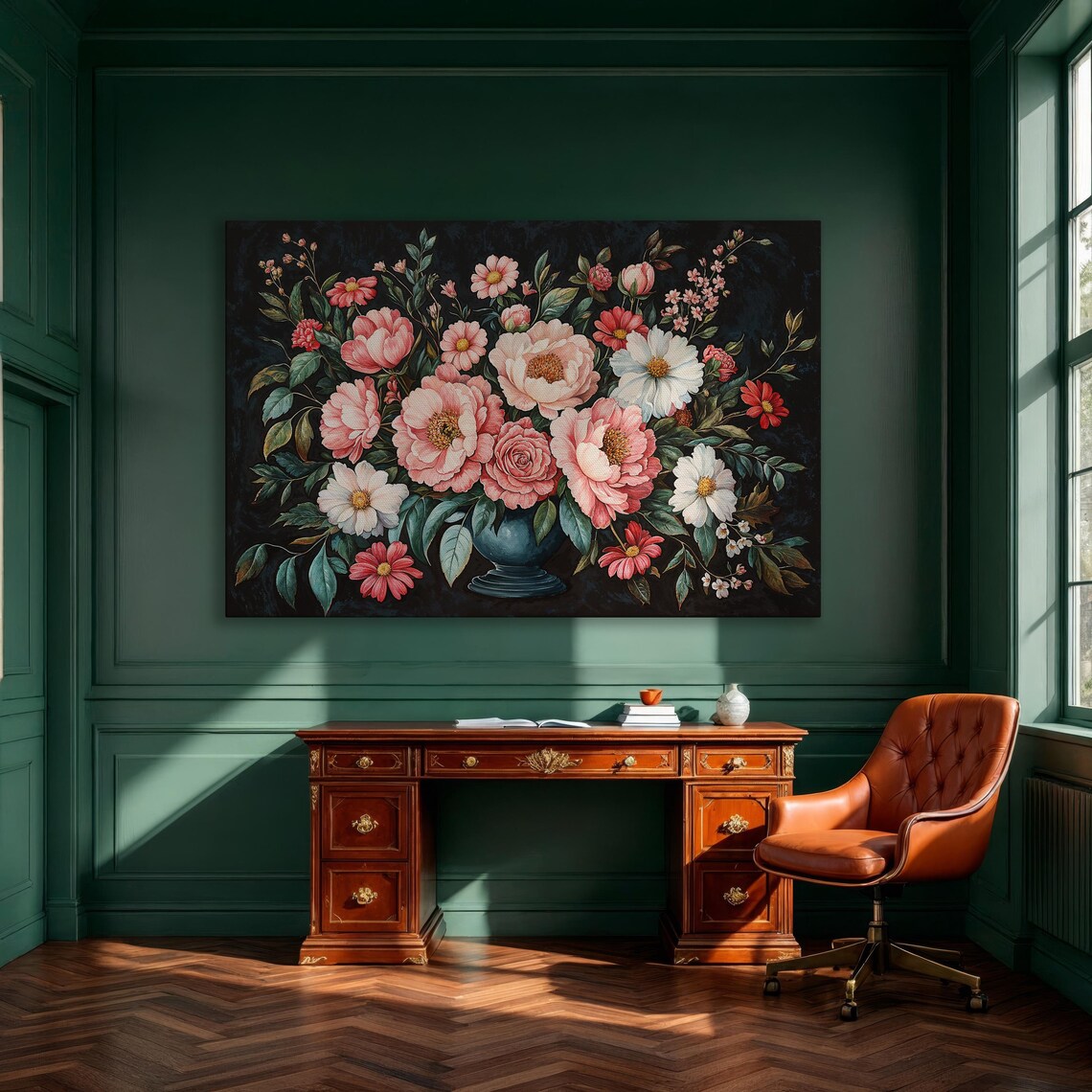Pink Peony Flower Bouquet In Vase Dark Moody Botanical Art Print