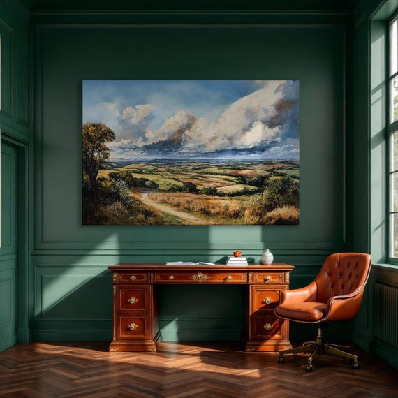 Panoramic Natural Landscape Framed Canvas Print Cloudy Blue Sky And Rolling Hills Wall Art Rustic Charm Decor Ready To Hang