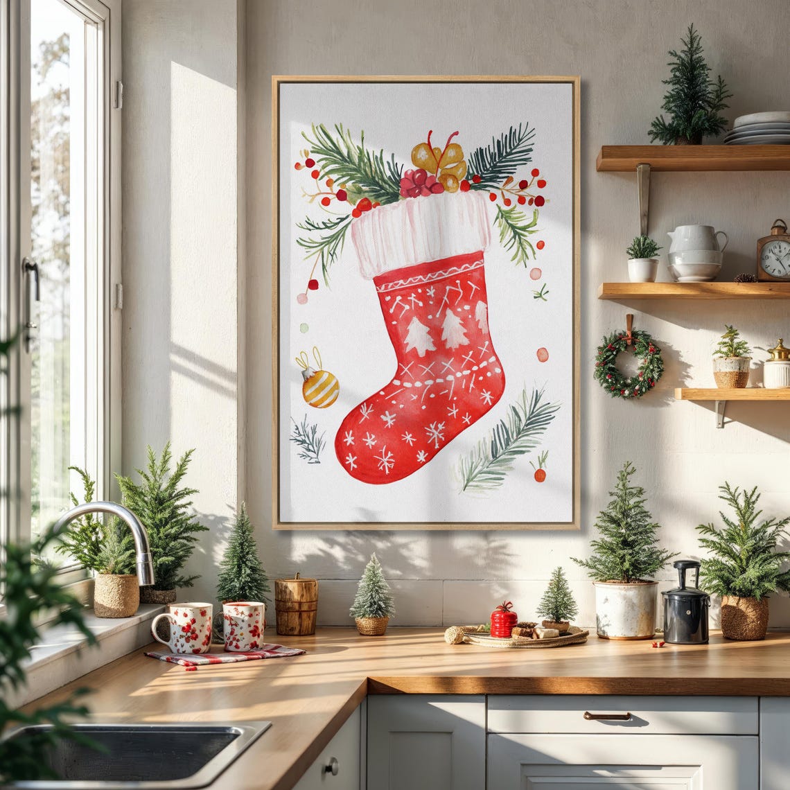 Red Christmas Stocking With Pine And Berries Watercolor Art Print
