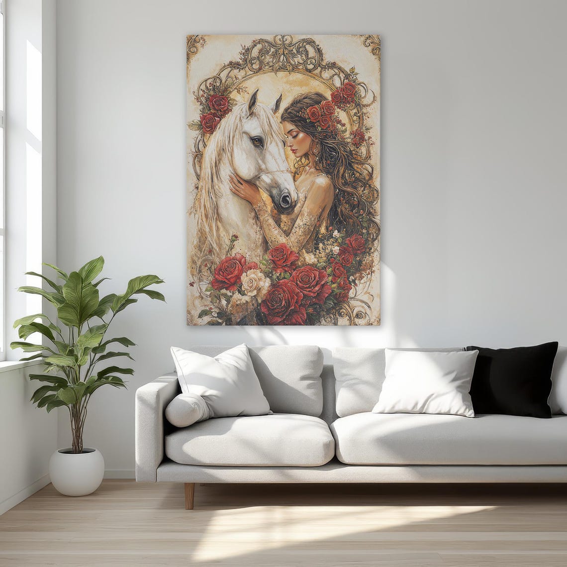 Romantic Woman with White Horse Surrounded by Red Roses Poster