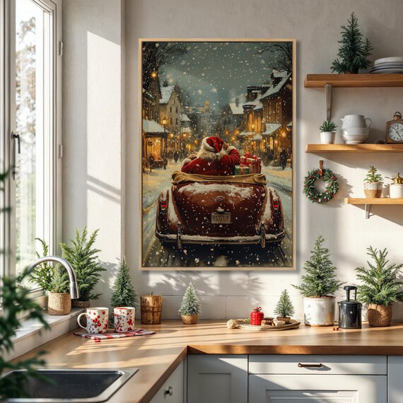 Santa Driving Vintage Car Poster Snowy Christmas Village Night Scene