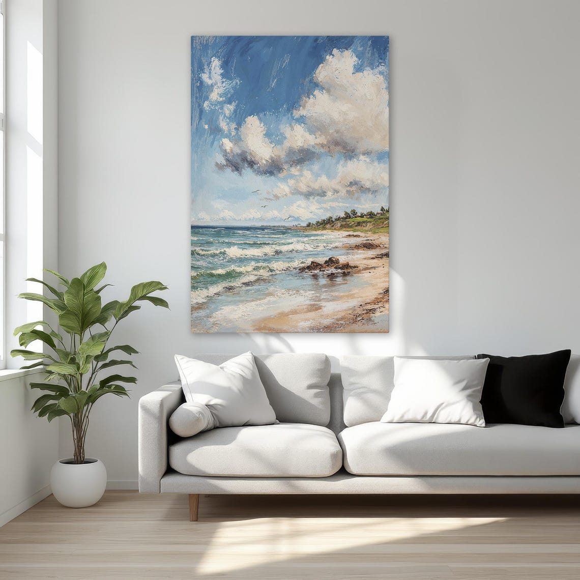 Ocean Waves Beach Canvas Cloudy Blue Sky Seascape Art Poster