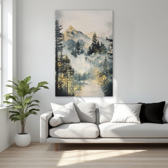 Mystical Mountain Landscape Sunrise Framed Canvas Print Misty Forest Of Pine Trees Wall Art Serene Nature Decor Ready To Hang