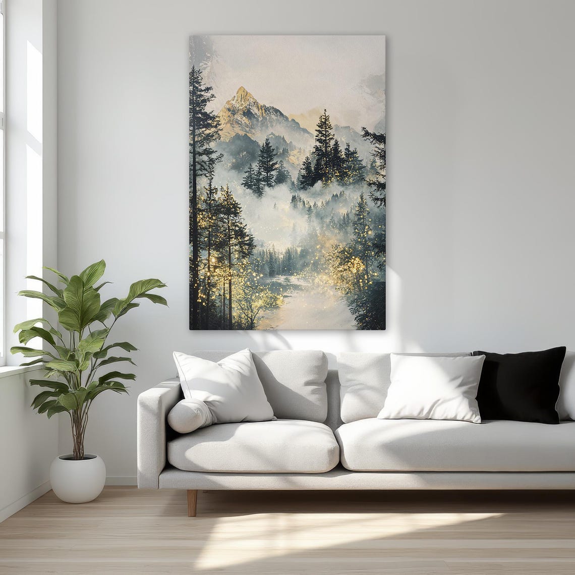 Misty Mountain Sunrise Forest Pine Trees Golden Landscape Poster