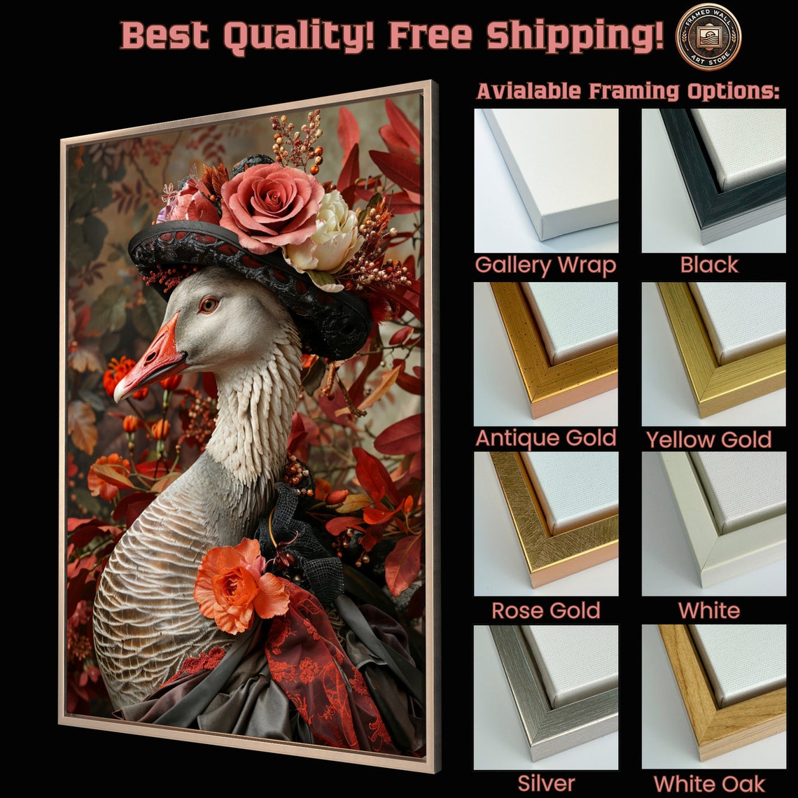Elegant Goose Wearing Rose Hat Autumn Floral Portrait Art Poster - Image 5
