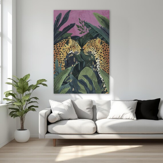 Jungle Leopard Framed Canvas Print Tropical Green Leaves Wall Art Wildlife Painting Exotic Animal Decor For Home Ready To Hang