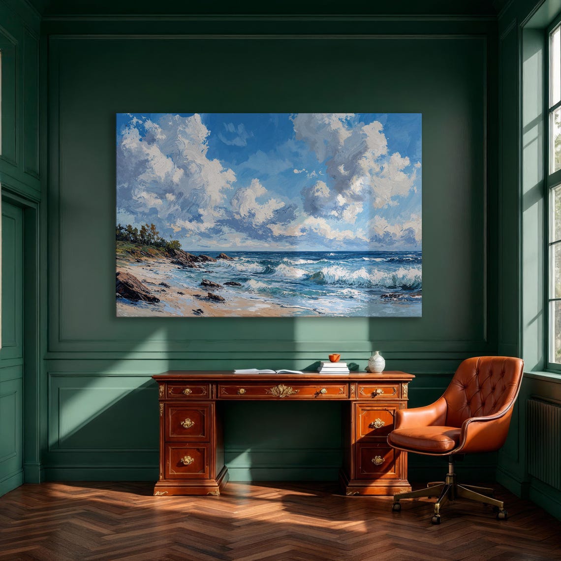 Blue Ocean Waves Crashing On Sandy Beach Coastal Scene Art Poster
