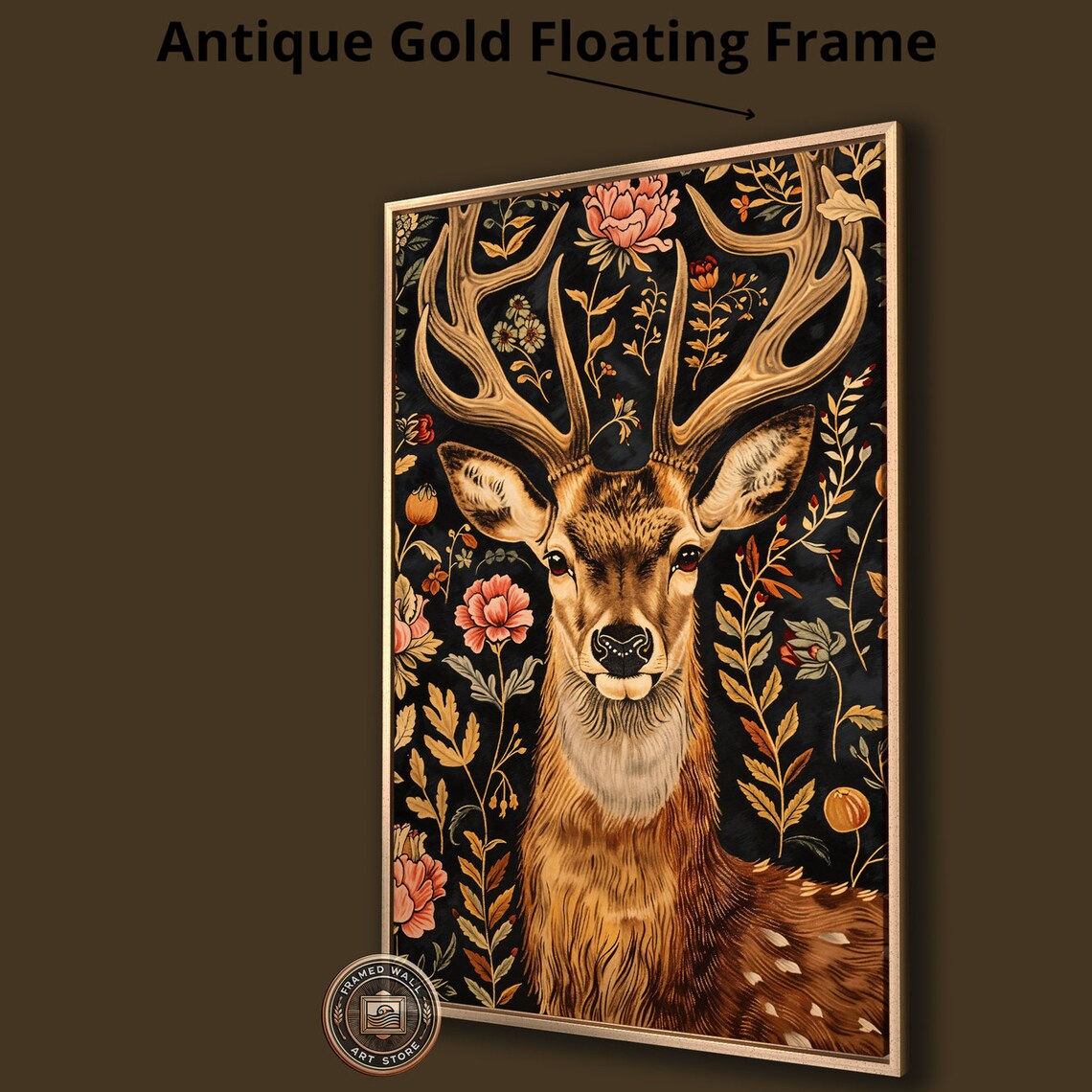 Stag With Grand Antlers Gold Floral Black Background Wildlife Painting Poster - Image 4