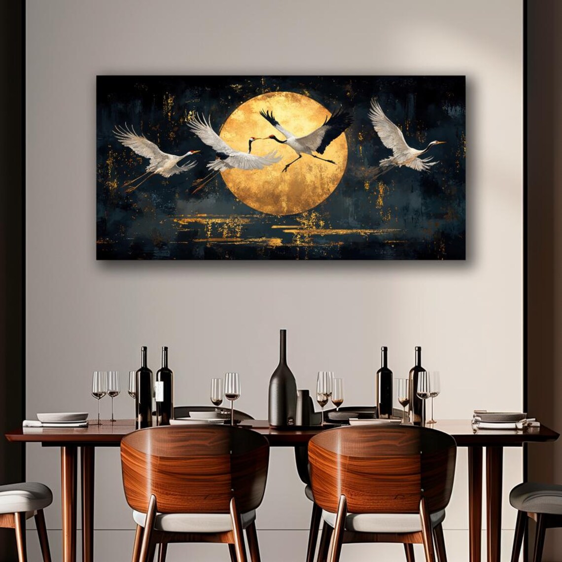 Cranes Against Golden Full Moon, Japanese Poster - Image 2