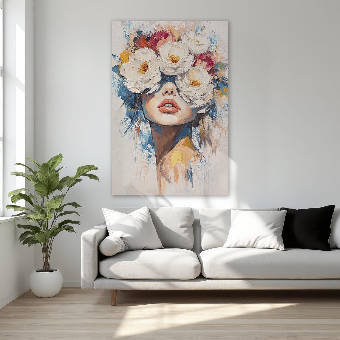 Woman Flowers Over Eyes Painterly Portrait Floral Canvas Wall Art