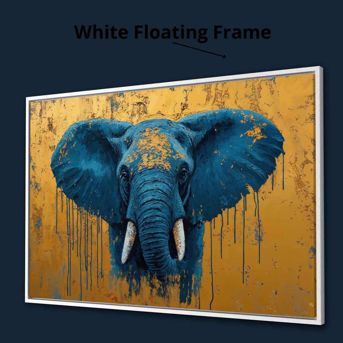 Blue Elephant Face Front View Gold Drip Background Abstract Wildlife Poster - Image 4