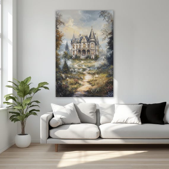 Enchanted Castle Fantasy Framed Canvas Print Misty Forest Landscape Wall Art Fairytale Decor In Living Room Ready To Hang