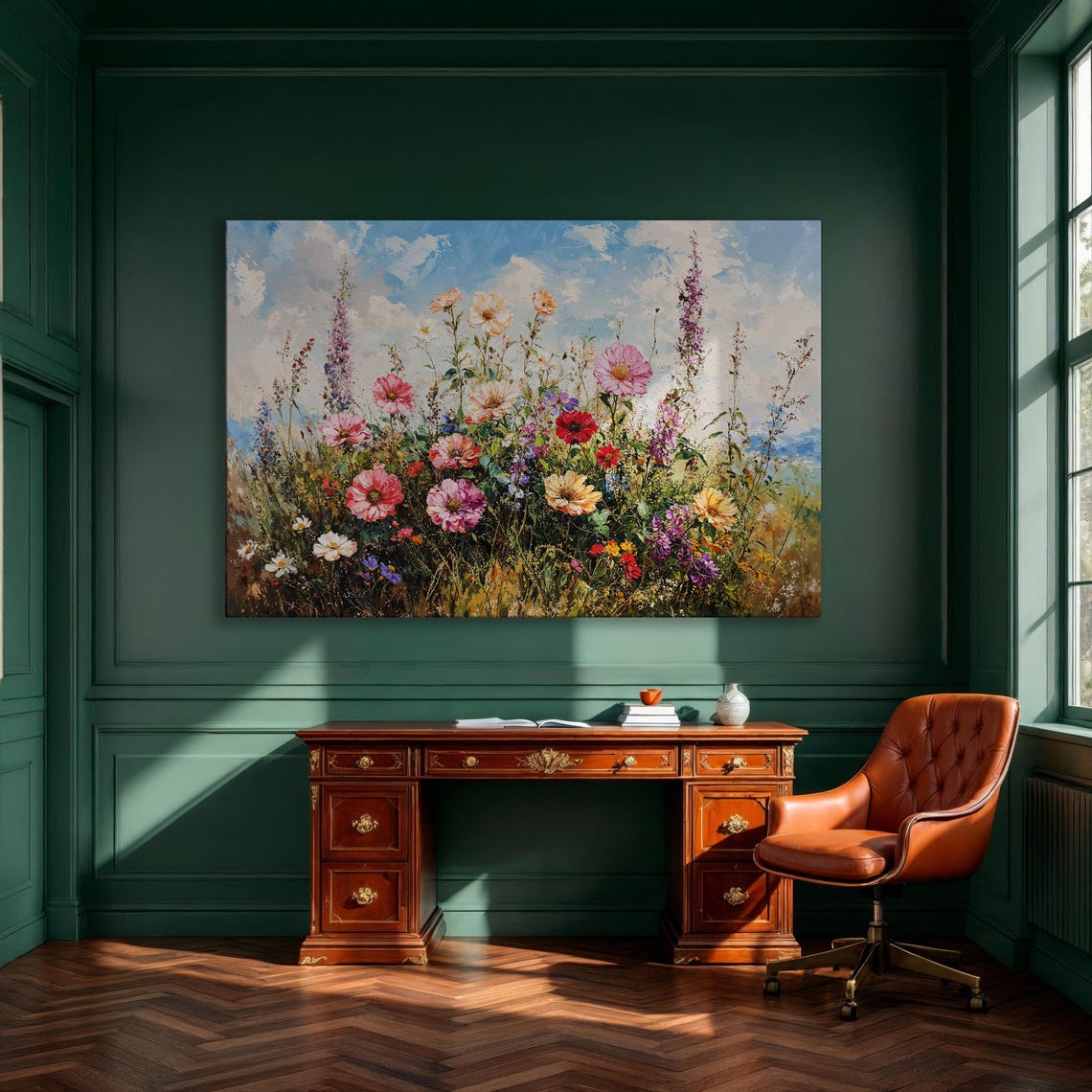 Vibrant Wildflower Meadow Blooming Under a Bright Blue Sky Poster