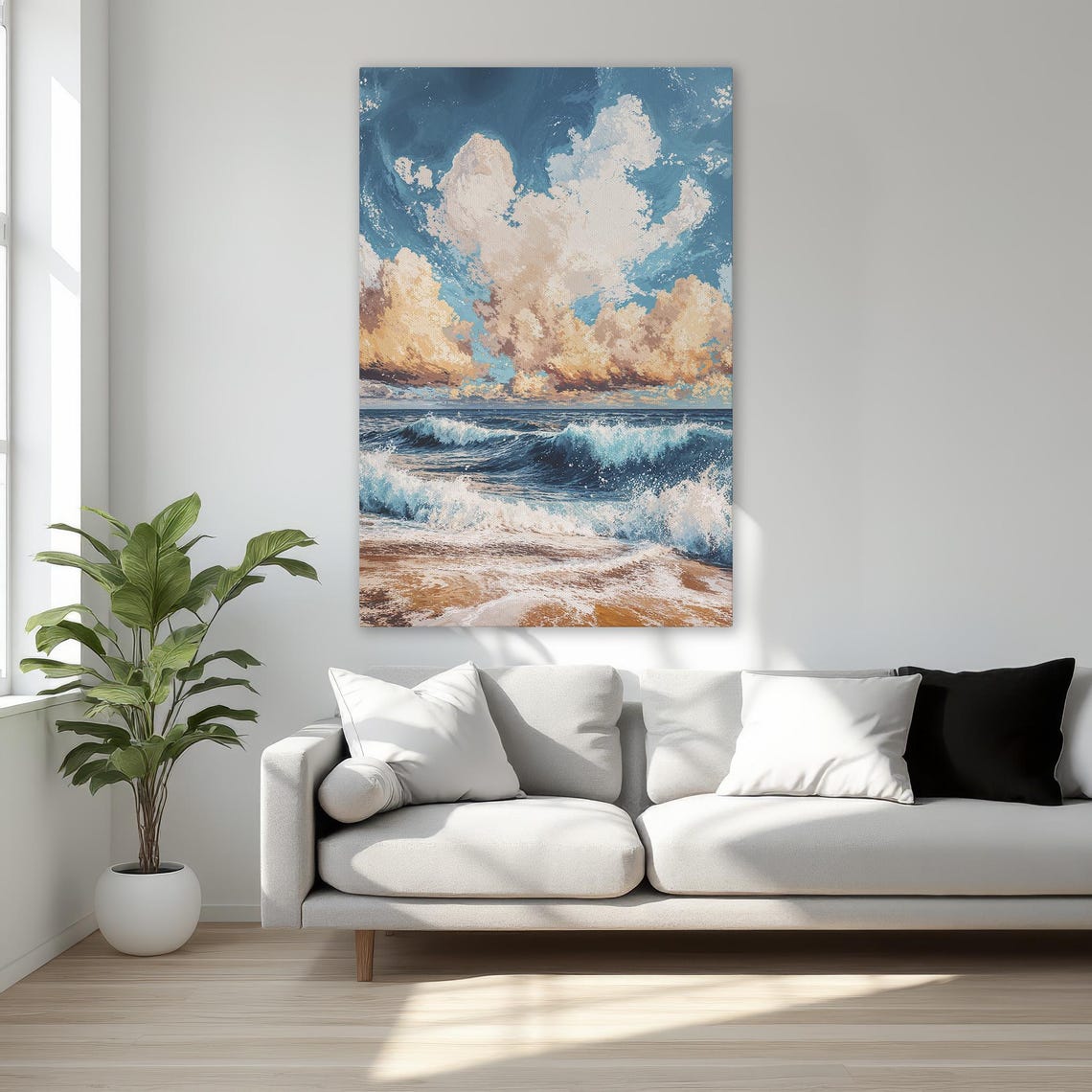 Dramatic Ocean Waves Under Golden Clouds Seascape Art Poster