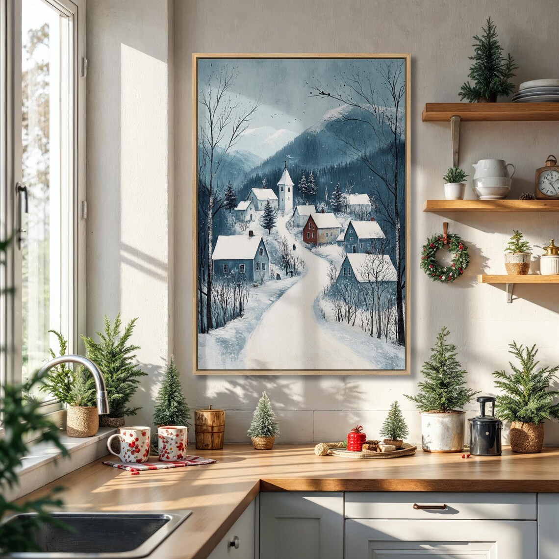Serene Snowy Village Church Winter Landscape Christmas Wall Art