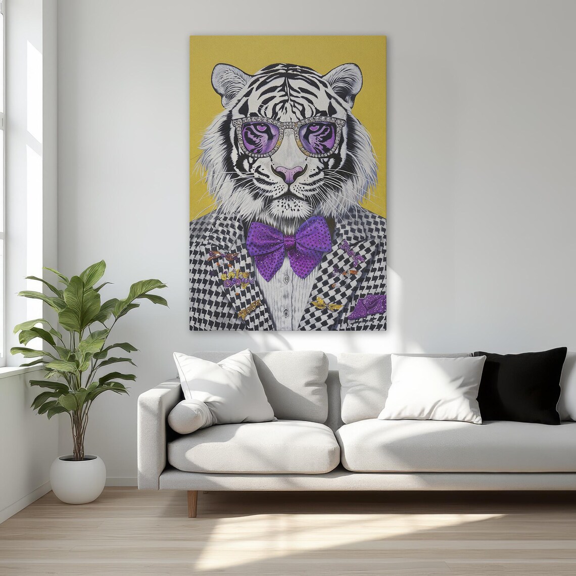 Black White Tiger In Suit, Funky Animal Portrait Print