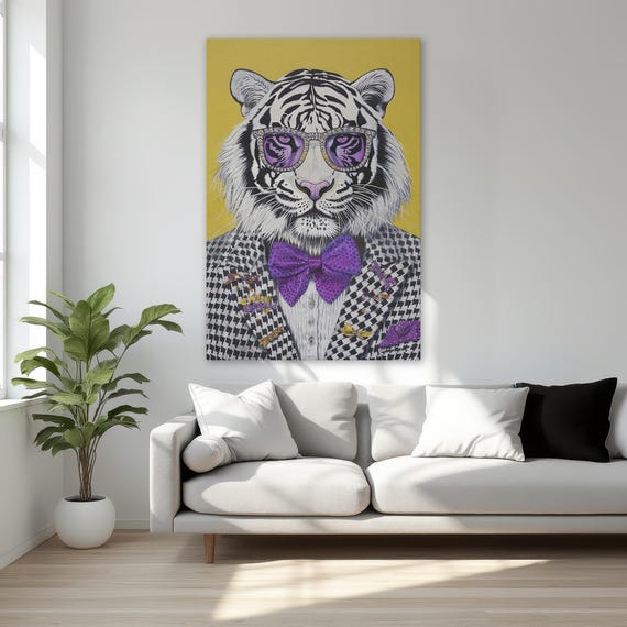 Black White Tiger In Suit, Funky Animal Portrait Print