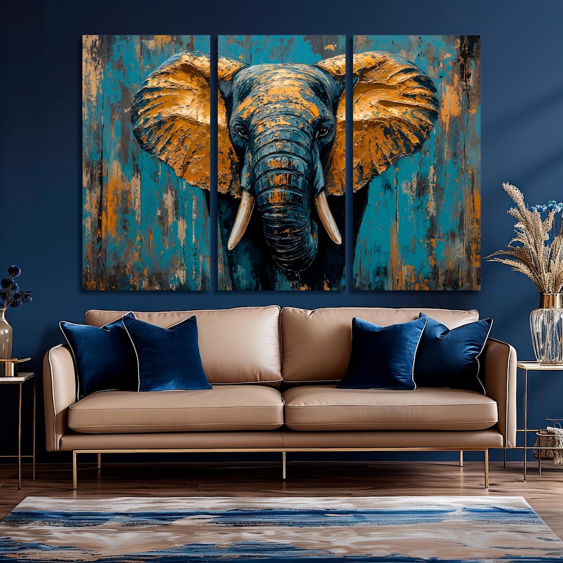Majestic Elephant Portrait Golden Bronze Ears Blue Texture Background Poster - Image 5